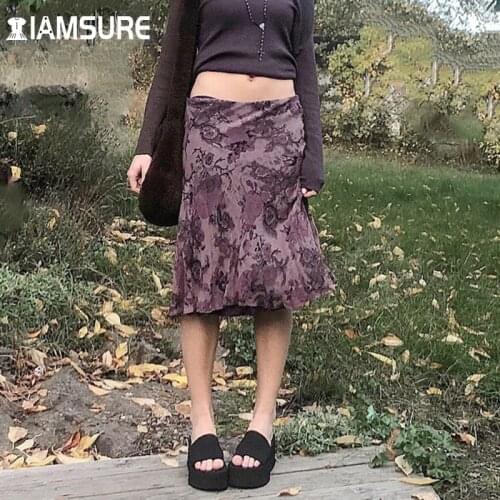 IAMSURE Gothic Printed A-Line Skirt Sexy Dark Printed Brown Low Waisted Midi Skirts Women 2021 Fashion Casual Streetwear Ladies