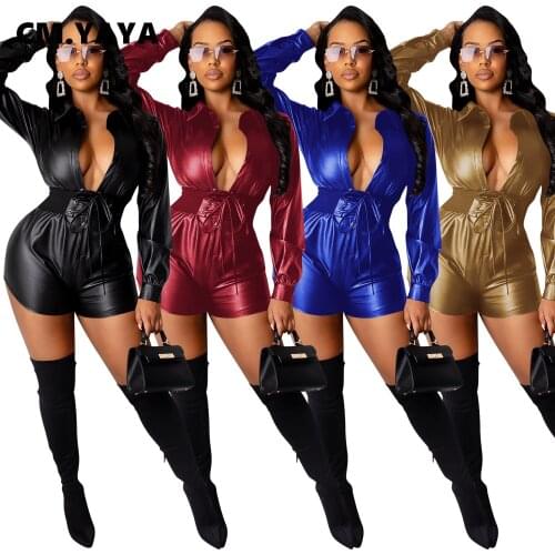 CM.YAYA Street Faux Leather PU Women Deep V-neck Croset High Waist Playsuit Bodycon One Piece Overall Romper Sexy Club Bodysuit