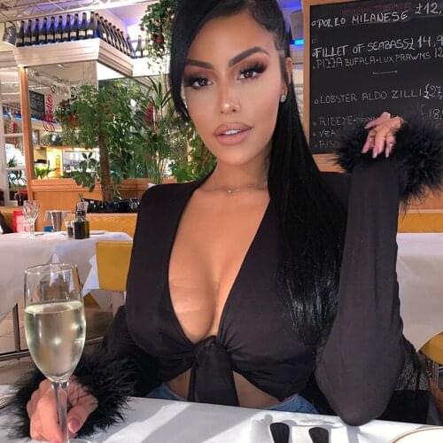 Black Long Sleeve Fur V-neck Wrapped Bandage Bow Lace up Sexy Crop Tops Summer Spring Women Streetwear Party Outfits T-shirts