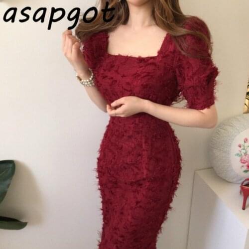 Chic Elegant French Vintage Red Square Neck Feather Tassel Sheath Dress Women Bag Hip Lightly Temperament Slim Backless Wild