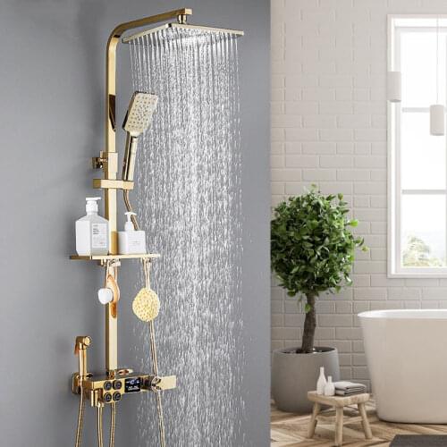 Gold Display thermostatic Shower Faucet Set Rainfall Shower Mixer Tap Bathtub Shower Mixer Tap 4-way Shower Mixer