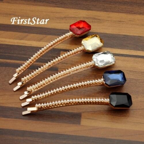 1 Pair FirstStar Wholesale Korea Fashion Women Hair Ornament Pearl Hair Clip Square Red Rhinestone Crystal Barrette For Girls