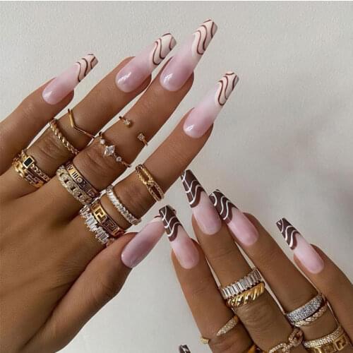 24pcs French Geometric Simple Vintage Elegant Removable Nail Art False Nail Manicure Tool Fake Nail with Glue