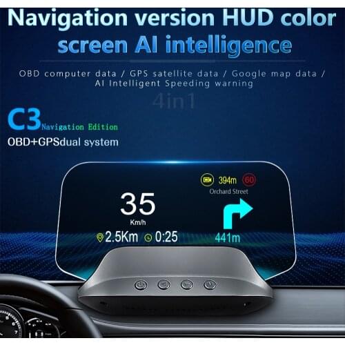 Car HUD Head Up Display Navigation OBD2+GPS Dual Mode Windscreen Projector Digital Speedometer Water&Fuel Temp Universal Auto