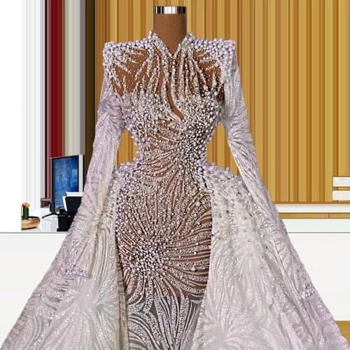 Glitter Sparkly Middle East Bridal Dress High Neck Islamic Turkish Saudi Arabia Long Sleeves Pearls Luxurious 2021