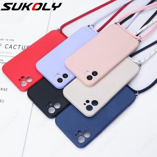 For iPhone 12 11 Pro Max 12 Mini Case Original Liquid Silicone Lanyard Case Lens Protection Crossbody Rope Cover