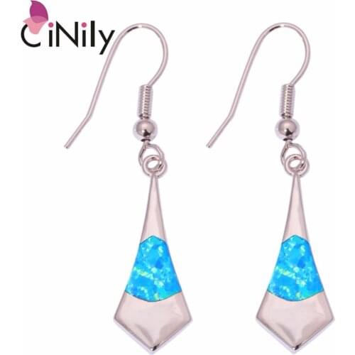 CiNily Created Blue Fire Opal Silver Plated Wholesale Hot Sell for Fashion Women Jewelry Dangle Earrings 1 3/4" OH3894