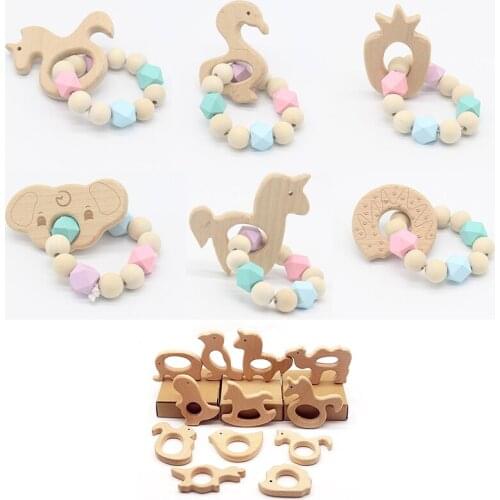 Wood Baby Rodent Teether Bracelet Animal Shaped Teething Ring for Baby Organic Silicone Beads Baby Stroller Accessories Chewable