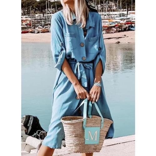 Women Button Turn-down Collar Denim Party Dress 2021 Summer Casual Long Sleeve Loose Long Dress Ladies Fashion Lace-Up Dress