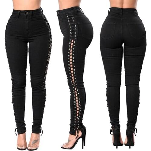 Womens High Waist Jeans Skinny Pants Bandage Bodycon Pencil Pants Denim Pencil Trousers