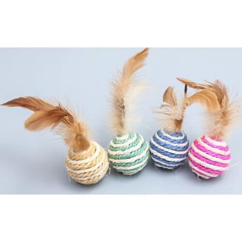 Pet Cat Toy Sisal Ball Hemp Rope Series Interactive Cat Scratch Knitting Ball Toy Bite Chew with Feathers Toy Cat Supplies