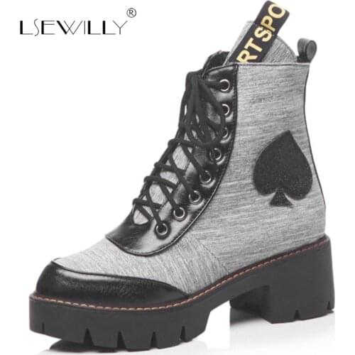 Lsewilly 2018 New Fall High Heel Lace Up Shoes Round Toe Chunky Women Ankle Gothic Platform Boots Punk Brown Gray Designer E29