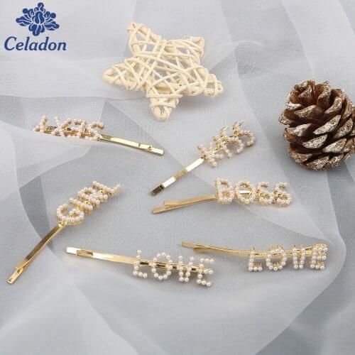 Fashion Imitation Pearl Hollow English Letter Hairpin Girl Clip Bangs Word Clips Hair Accessories