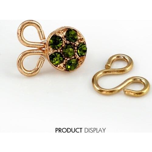 5set Gold Green Crystal Rhinestone Metal Hook Eyes Clasp Waist Extender Button Sew On Garment Sewing Clasps