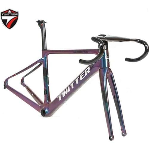 700C Carbon Road frame TWITTER Disc Brake Thru axle 12-142 Bicycle Frameset holographic with Inner Cables Handlebar Bike Parts