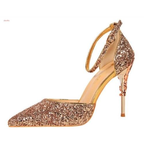 New Women Hollow Pumps Wedding Shoes Bride Sexy High Heels Pointed Toe Bling Sequin Party Heel Shoes Gold Red Women Heel Sandal