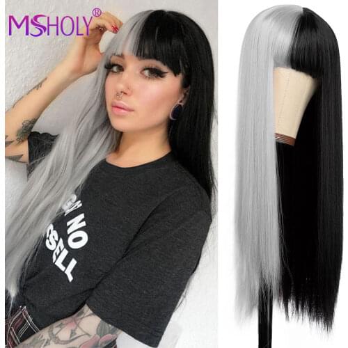 Pink and Black Wig With Bangs Green Gray Long Straight Hair Wig Cosplay Ombre Synthetic Hair Wigs For Women Msholy