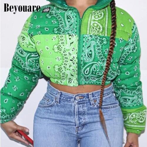 Beyouare Thick Winter Women Parkas Cropped Coat Printed Cotton-Padded Bread Jacket Women Windbreaker Outerwear Streetwear Casual