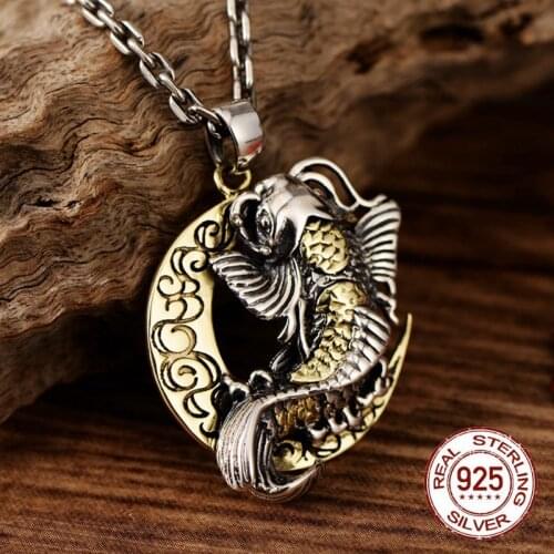 Thai Silver Moon And Cute Fish Pendant For Blessing Brimful Happiness Pure 925 Sterling Silver Jewelry Best Gift Talisman Amulet