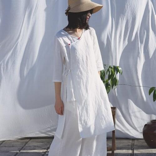 SCUWLINEN 20210 Women Tops Vintage Chinese Style Solid Plate Buttons Lacing High Slit Loose Zen Ramie Cotton Blouse S1048