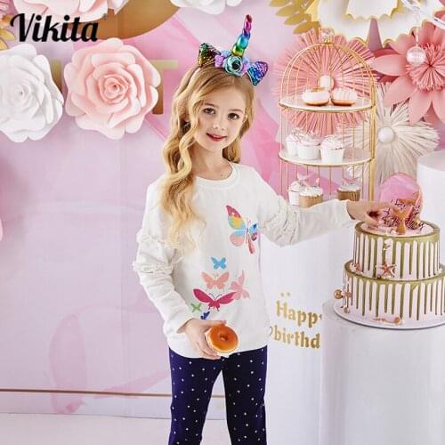 VIKITA Girls Clothing Sets Spring Autumn Girls Cotton Clothes Children Clothing Cartoon Print Sweatshirts and Pants Suit 3-8Y