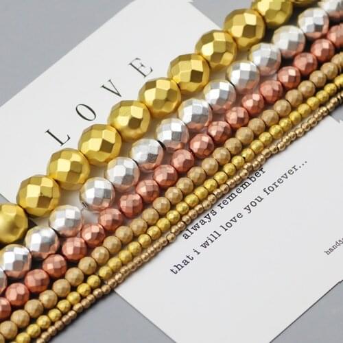 WLYeeS Gold Silve Dull Polish Matte Faceted Hematite Round Natural Stone loose bead for Jewelry Bracelet Making DIY Accessories