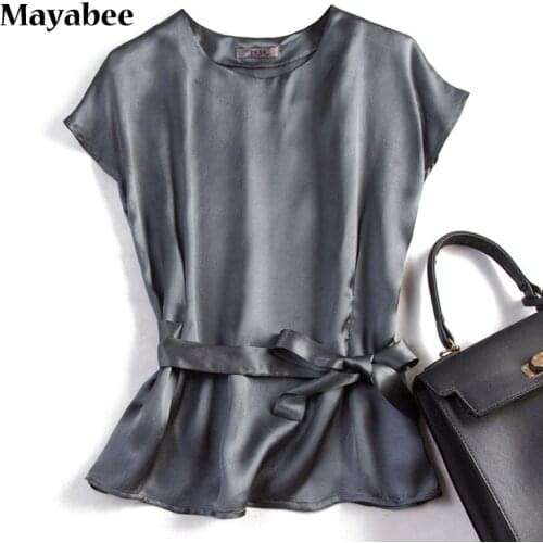 Temperament Silver-Gray Mulberry Silk Silky Belt Round Neck Wide Shoulder Sleeves Women Top T-Shirt 2021 Spring Summer New