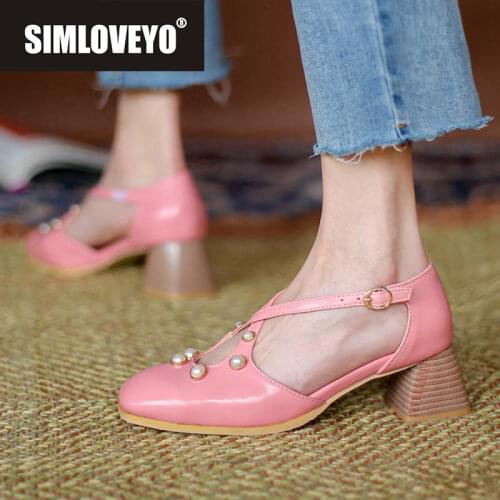 REAVE CAT New 2021 Women Pumps Square Toe 5cm Wood Heels Buckle Pearl Elegene Vintage Cross Strap Big Size 45 Casual A3815