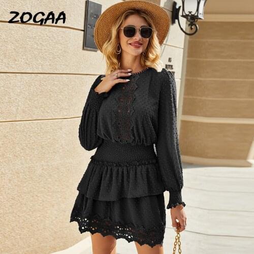 ZOGAA Dress Women Autumn Spring New Sexy Lace Elastic Waist Jacquard Lantern Sleeve O-Neck Hollow Out A-LINE Lace Patchwork Chic
