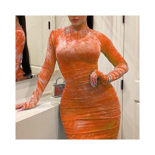2021 Winter Long Sleeve Tie Dye Ruched Bodycon Sexy Midi Dress Women Streetwear Outfits Party Bright Clothing Plus Size 5XL