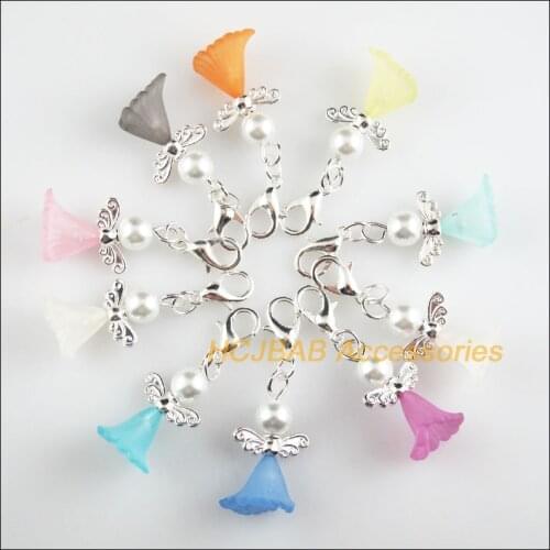 10Pcs Silver Plated Retro Mixed Flower Acrylic 14x24mm Angel With Lobster Claw Clasps Charms