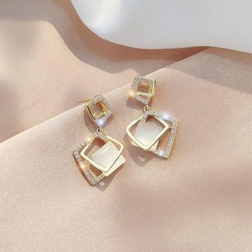 2021 Boho Style Geometry Square Shape Opal Rhinestone Drop Earrings Without Piercing for Women Party Wedding Jewelry