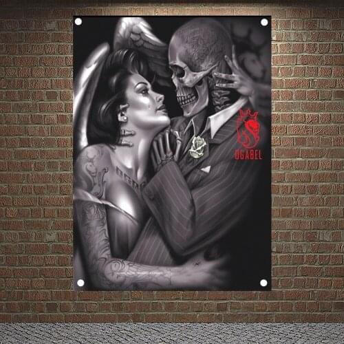 "Angel and Skeletons Love" Banners Canvas Painting Skull Art Tattoo Posters Flags Wall Chart Tapestry Hanging Cloth Home Decor