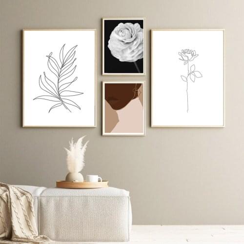 Black and White Ranunculus Flower Print Black Girls Leaf Plants Line Art Poster Modern Minimalist Wall Art Canvas Painting Decor