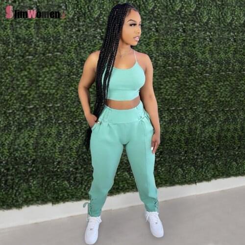 Two Piece Set Chic Sweatpants Sleeveless Tank Bras Sports Fashion Tracksuit Summer Women Bandage Track Pants Neon Green Orange