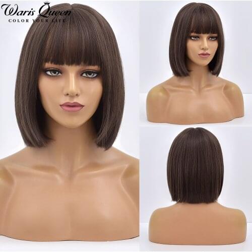 Short Bob Wig With Bangs Synthetic Stright Brown Wigs for Women Heat Resistant Hair Natural Lolita Cosplay Party For Daily Use