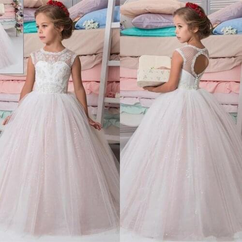 Lovely Princess Sparkly Lace Beaded Arabic Flower Girl Dresses Crew Vintage Child Party Birthday Gown Beautiful Girl Wedding Dre