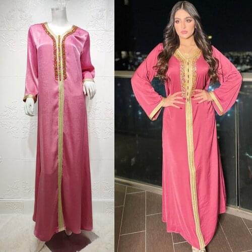 Morocan Muslim Women Long Dress Ramadan Islamic Eid Arabic Abaya Kaftan Middle East V-neck Diamonds Long Sleeve Maxi Robe Gown