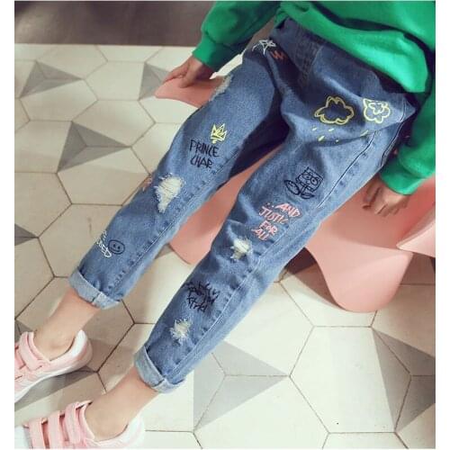 Baby Girl Clothing Cartoon washed wild loose Clothes Kids Jeans Children Pants autumn Casual Denim Pants Girls Jeans