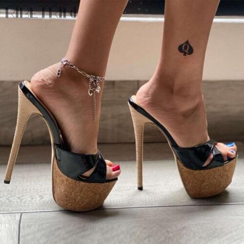 RIBETRINI Sexy Laides Open Toe Plaftorm High Heels Slip On womens Slippers Outdoor Party Dress Fashion Black Csolid Shoes Woman
