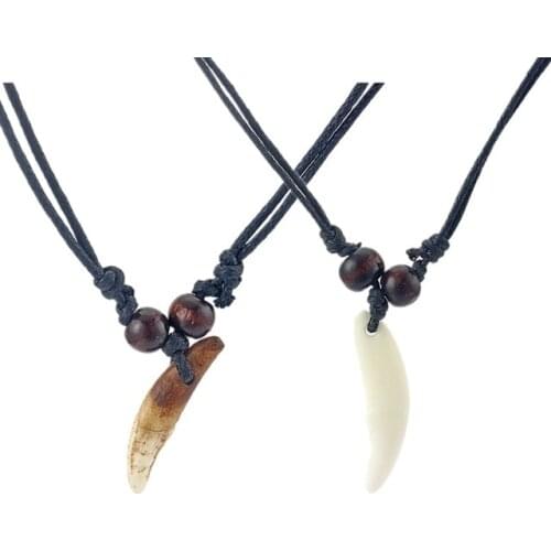 1pcs White/ Brown Real Wolf Tooth Teeth Pendant Necklace Amulet Black Cotton Cord Necklace