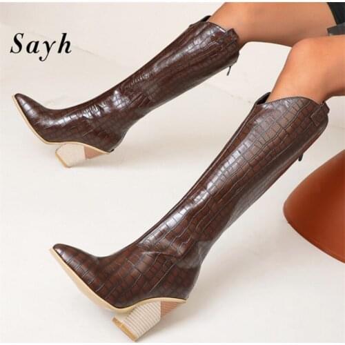 Women Pu Leather Boots Vintage Leopard Boots Riding Boots Tall Boots Autumn Winter Warm Pointed Toe Ladies Cowboy Boots US 9