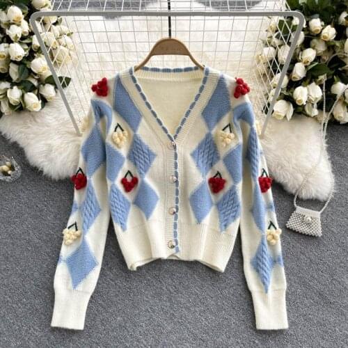 SINGREINY Sweet College Style Knitted Cardigan Women Design Argyle Plaid Casual Loose Sweater Autumn Winter Thick Warm Outerwear