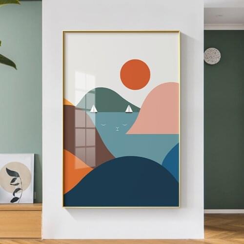 Nordic Abstract Creativity Mountain Landscape Canvas Painting Cat Theme Art Prints and Poster Wall Picture for Living Room Decor