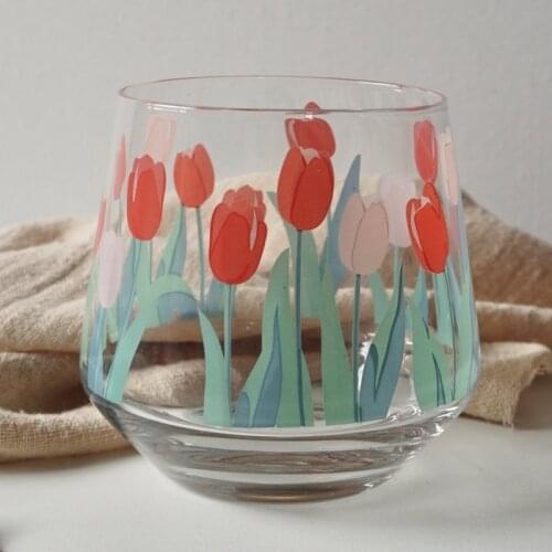 Ins net red Korean hand painted flowers tulip glass girl milk coffee cup juice cup drink water cup