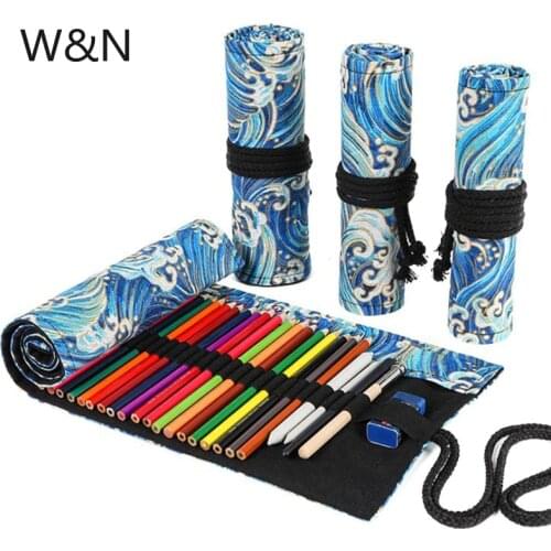 Canvas School Pencil Case for Girls Boys Roll Up Pencilcase Cute Blue Wave Pencil Case Pen Bag Stationery Pouch 12/24/36 Holes
