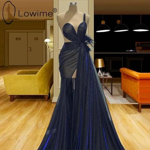 Dubai Navy Blue Feathers Mermaid Evening Dresses 2021 Sexy Illusion High Split Evening Gowns Prom Party Pageant Dresses Robes