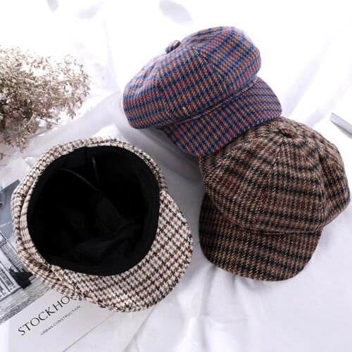 Women Hat Fashion Accessories Baker Boy Hat Classic Plaid Newsboy Cap Vintage Woolen Winter Hat Plaid Baker Boy Hat
