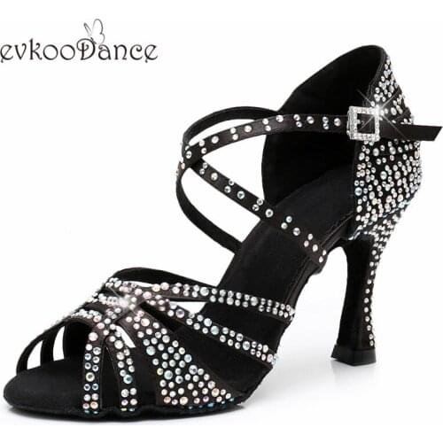 Evkoodance Zapatos De Bail black/khaki satin with rhinestone dancing shoes Professional 9-9.5cm heel Women Latin Shoes Evkoo-597