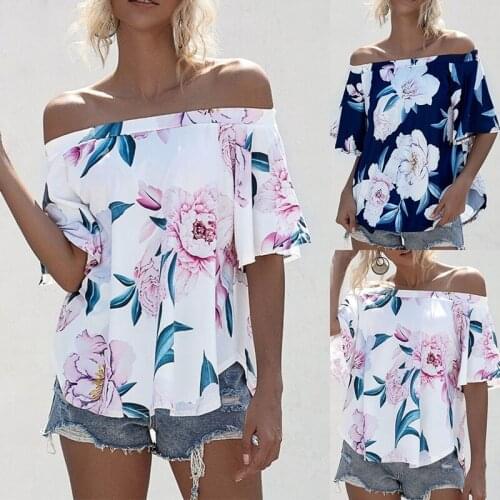 Womens Off Shoulder Floral Print Top Loose Casual Shirts Summer Short Sleeve Blouse
